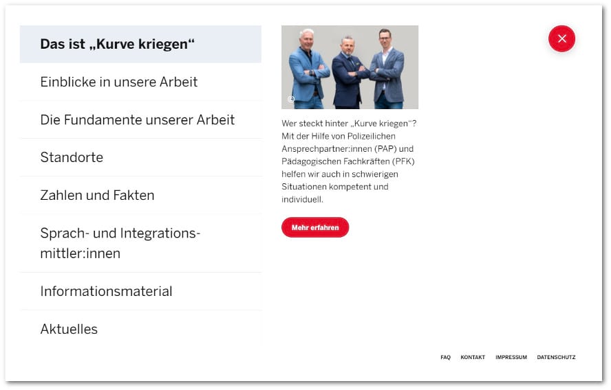 Das Menü der Internet-Seite Kurve kriegen