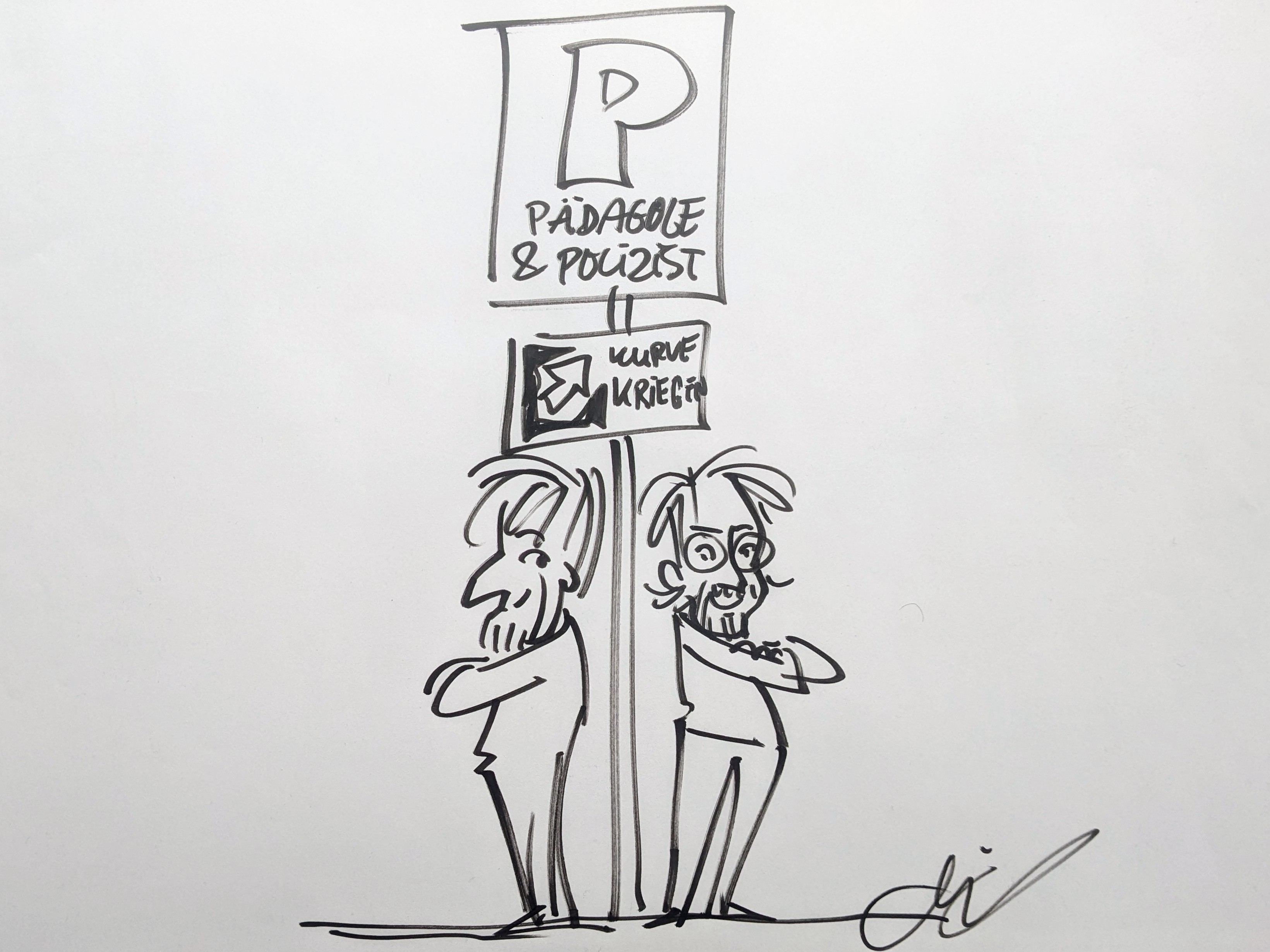 Karikatur von Michael Hüter die zwei Personen aus dem Team Kurve kriegen zeigt.